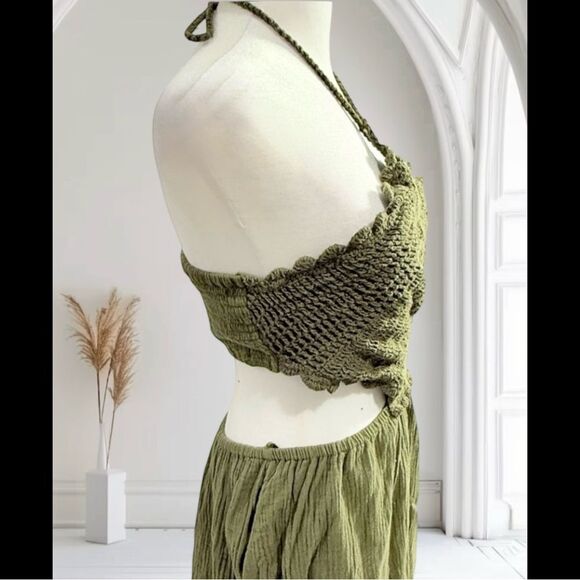 Aerie Pool To Party Boho Olive Green Crochet Halter Mini Cottagecore Dress Sz M - Picture 5 of 11